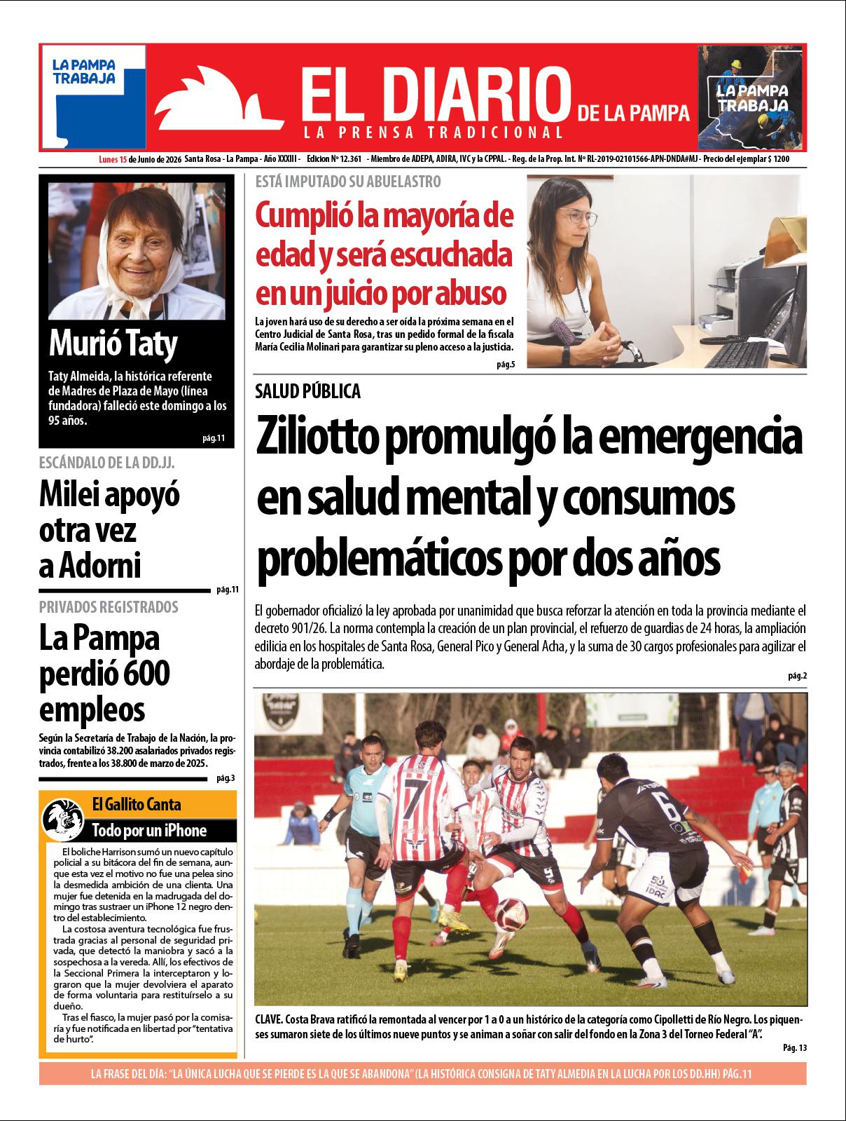 Tapa de El Diario en papel  lunes 15 de junio de 2026